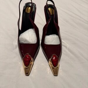 Elegant Burgundy Slingback Heels with Gold Detail